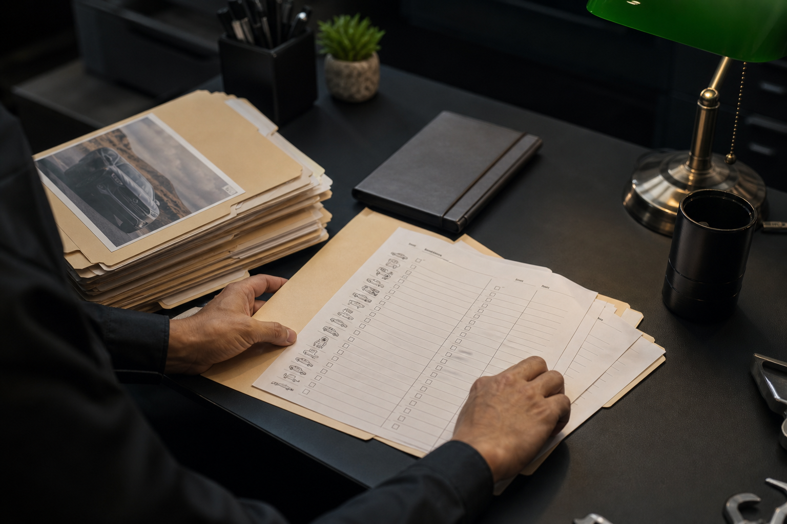 Redakteur ordnet Wartungsunterlagen auf dunklem Schreibtisch