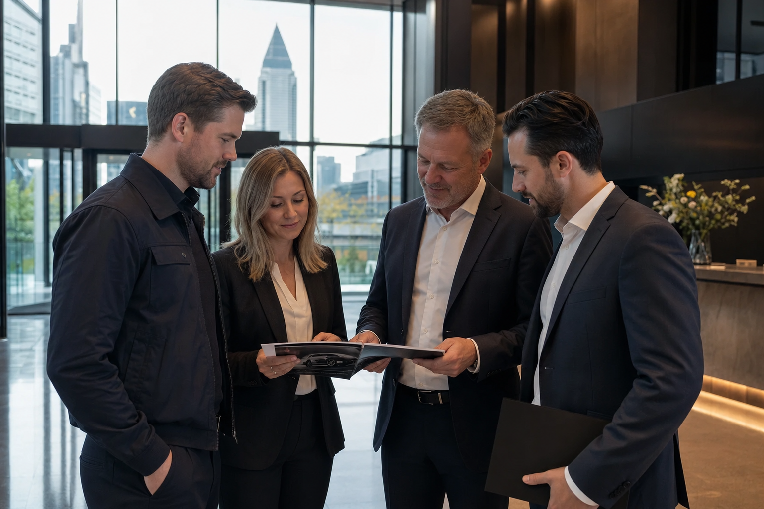 Kleine Gruppe im Lobbybereich eines Frankfurter Bürocenters