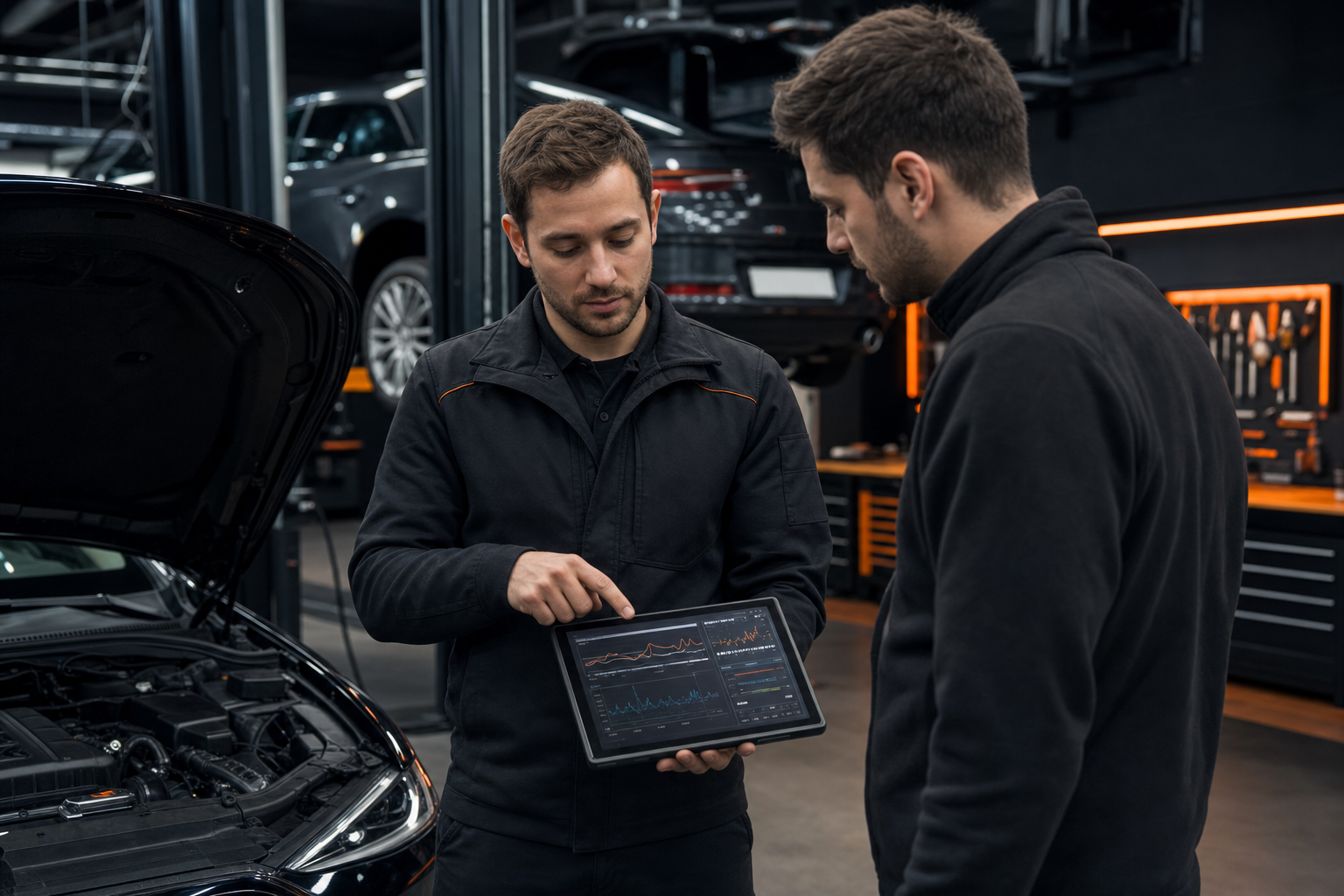 Techniker zeigt Diagnosedaten auf einem Tablet in der Werkstatt