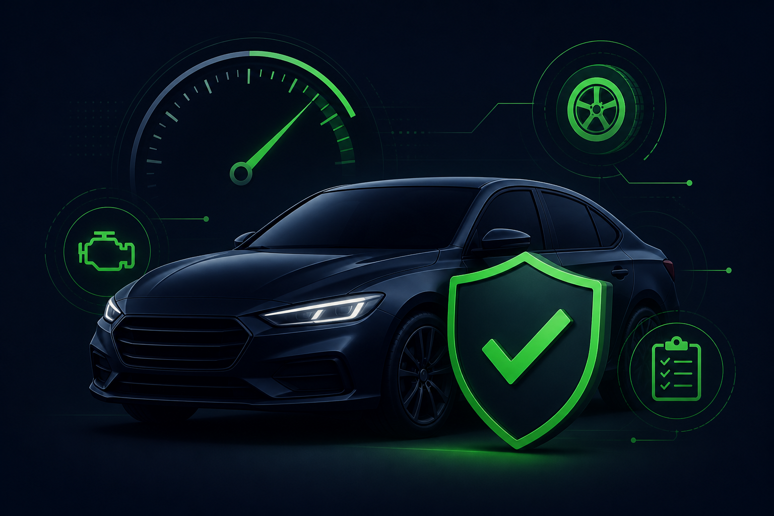 Stilisiertes Fahrzeug mit Prüfschild und technischen Symbolen